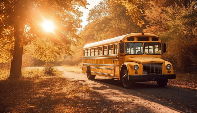 A yellow school bus drives through a rural autumn landscape generated by AI